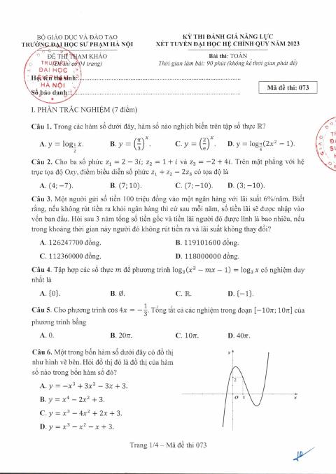 Đề tham khảo ĐGNL môn Toán xét tuyển Đại học 2023 trường ĐHSP Hà Nội